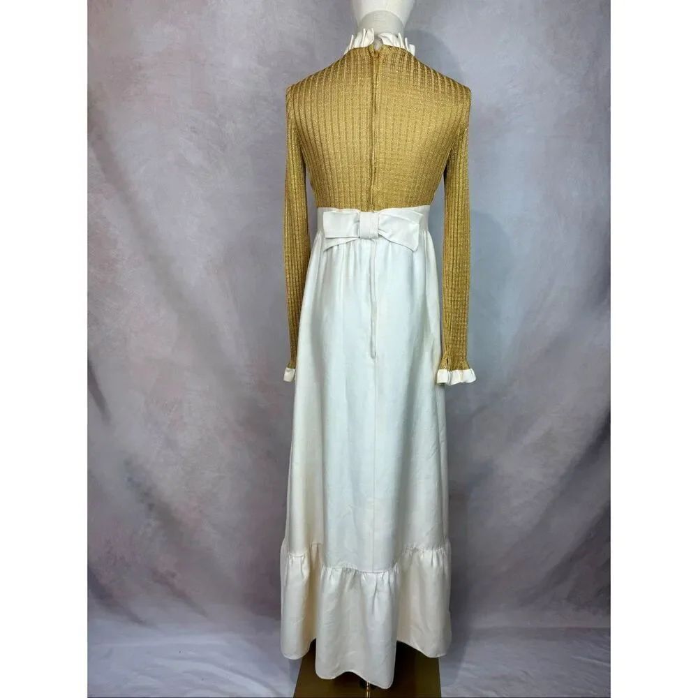 Vintage 1970s Gold Lurex Maxi Dress S Mod MCM Disco ILGWU - Picture 3 of 11